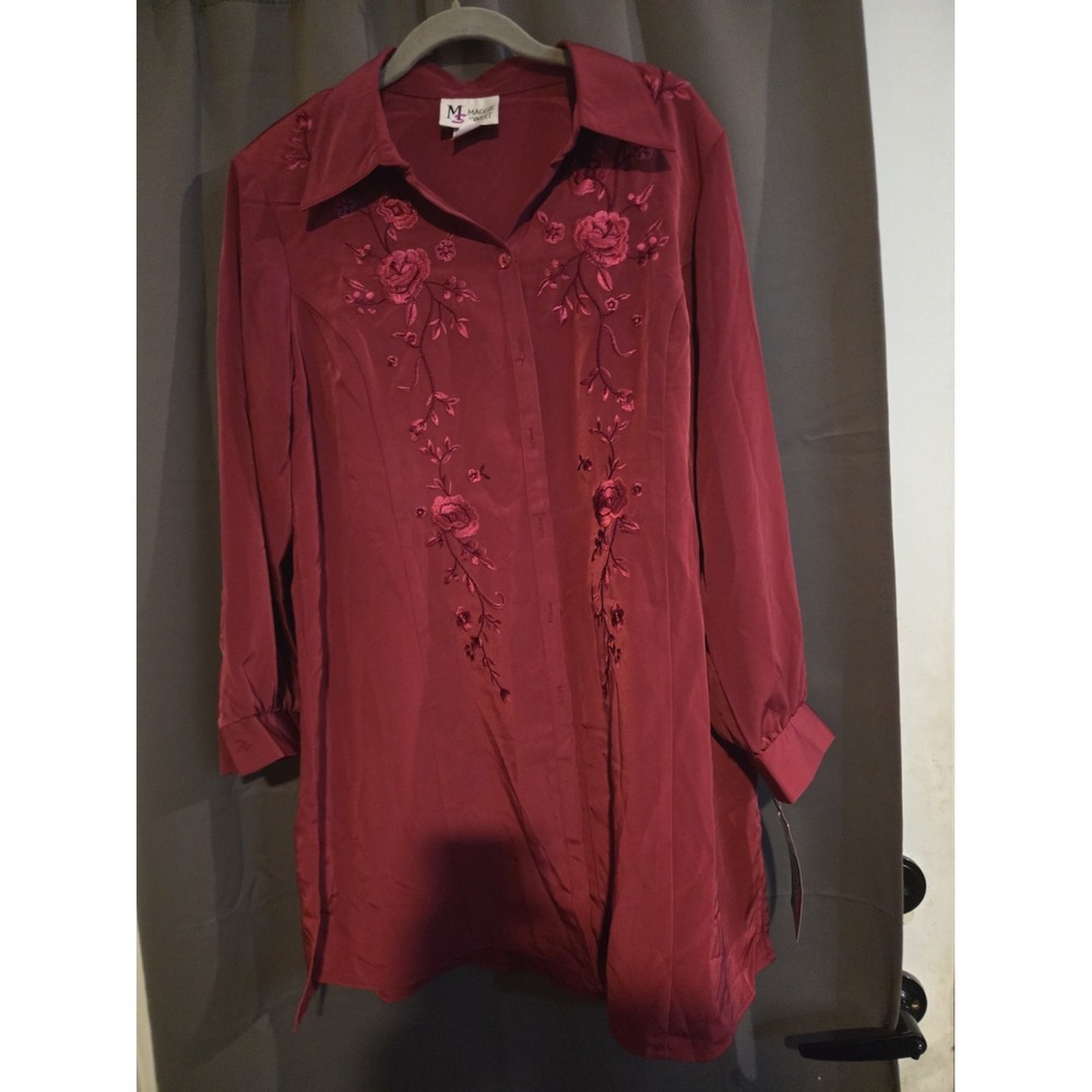Maggie Sweet Tunic Shirt Button Blouse Petite Large Dark Pink Embroidered
